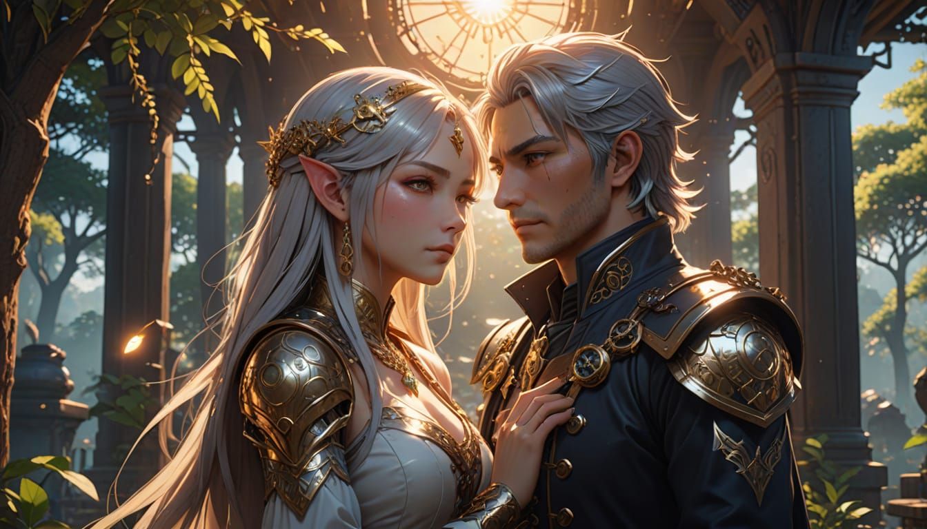 Steampunk Elven Couple Embrace in Anime Style