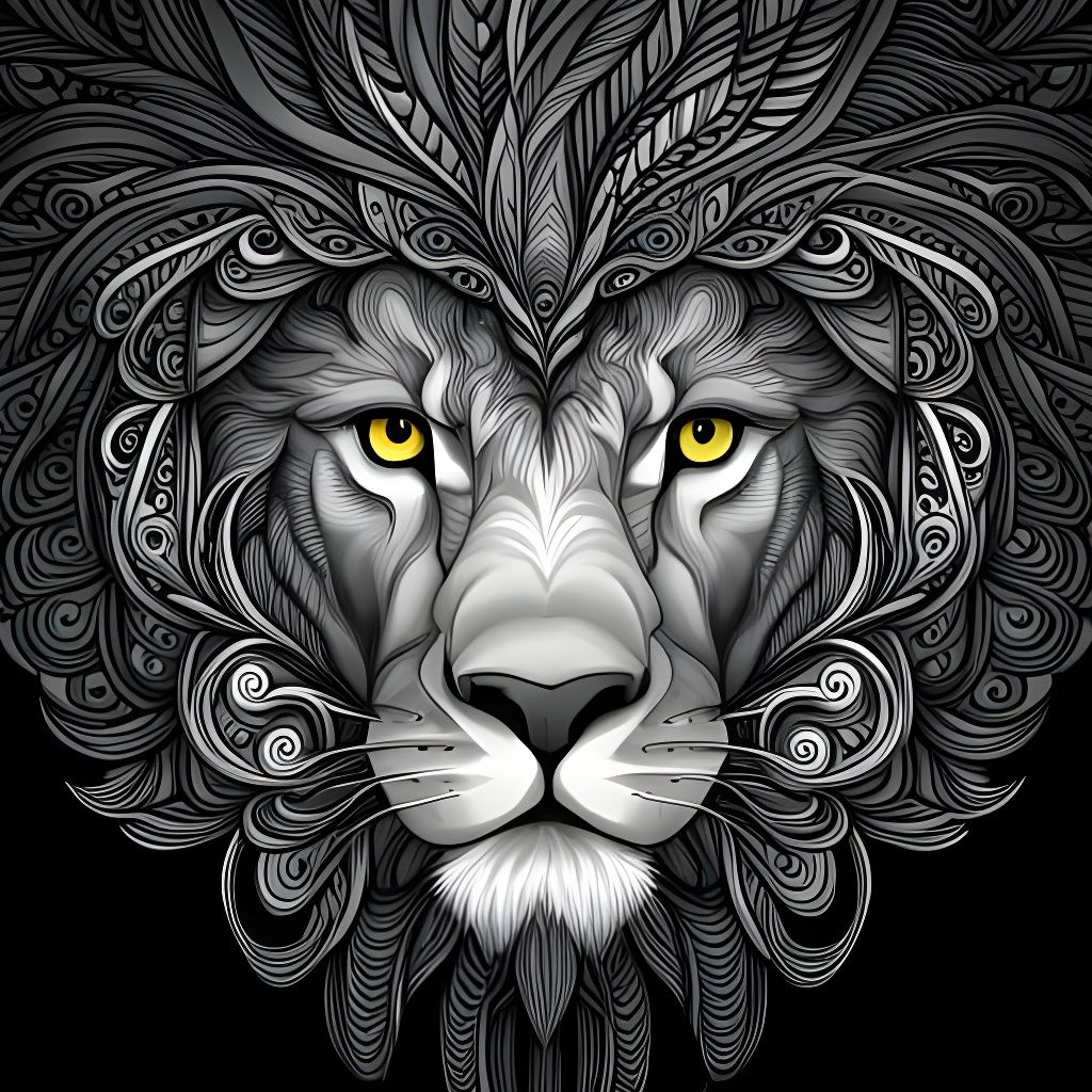 Monochrome Zentangle Lion with Abstract Vector Fractal