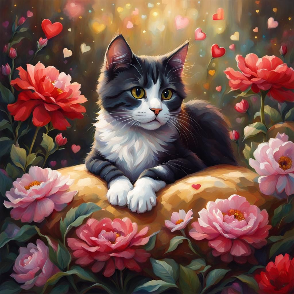 Cute Cat Surrounded by Flowers in Fantasy Art Style