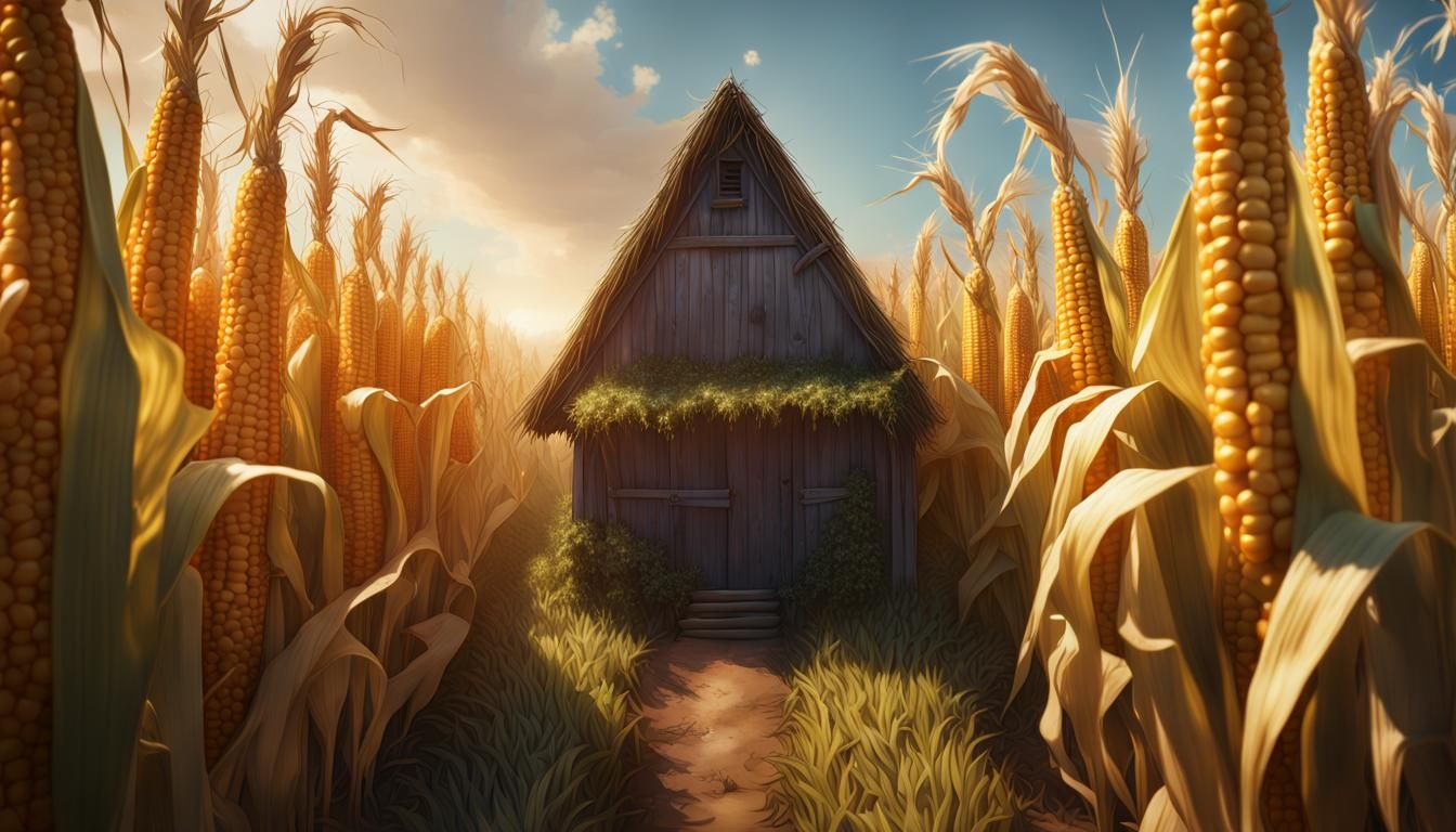 Corn House in Field: Hyperdetailed Digital Art