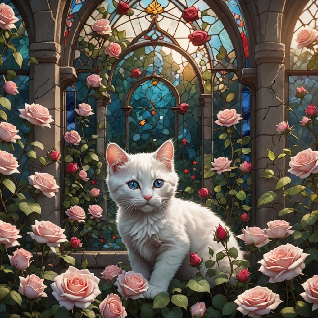 Rose Garden Kitten in Stained Glass Art