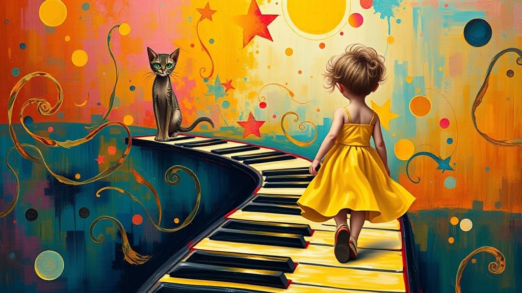 Child on Piano Path in Surreal Impasto Art