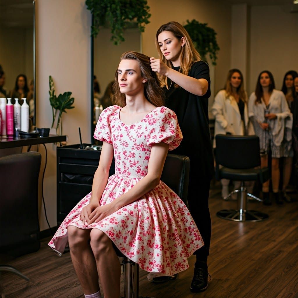 Charming Young Man in Vibrant Prom Dress, Poised in Hairdres...