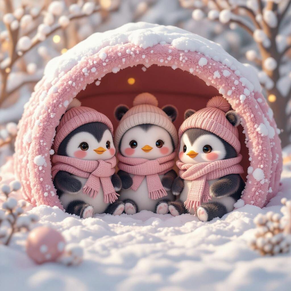 Kawaii Penguins in a Pink Igloo, Cozy Anime Art