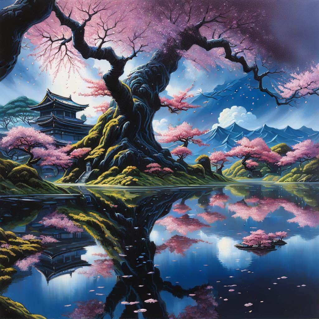Abstract Anime Sakura Trees in Hyperrealistic Splash Art