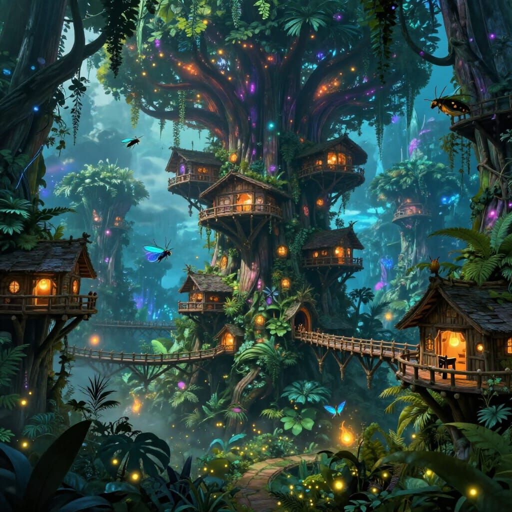 Bioluminescent Jungle Treehouse Village Concept Art