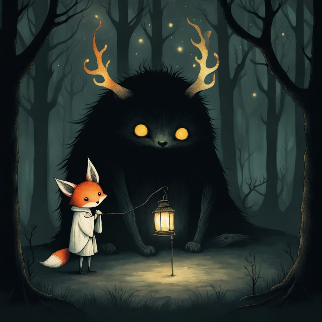 Kawaii Child Confronts Monster in Dark Forest