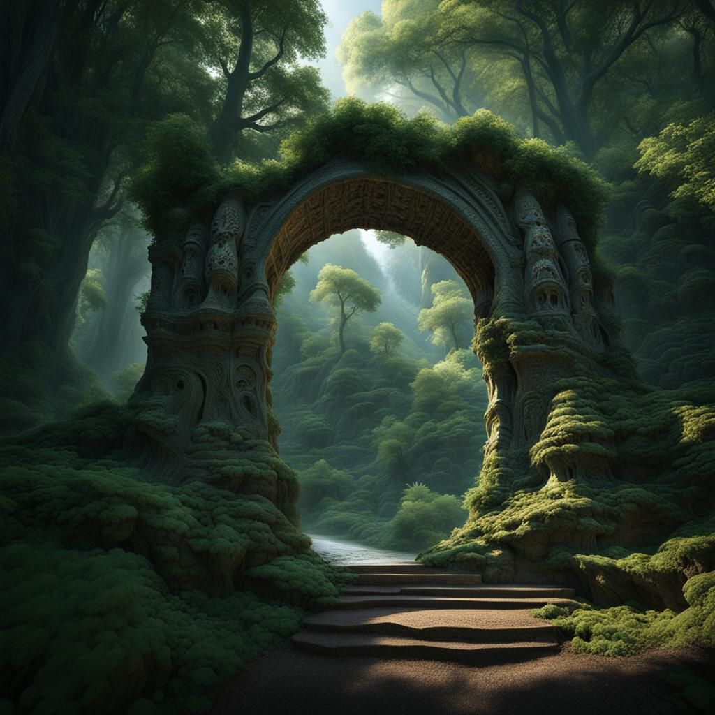 Mystical Archway of Carved Creatures in Charcoal Sketch