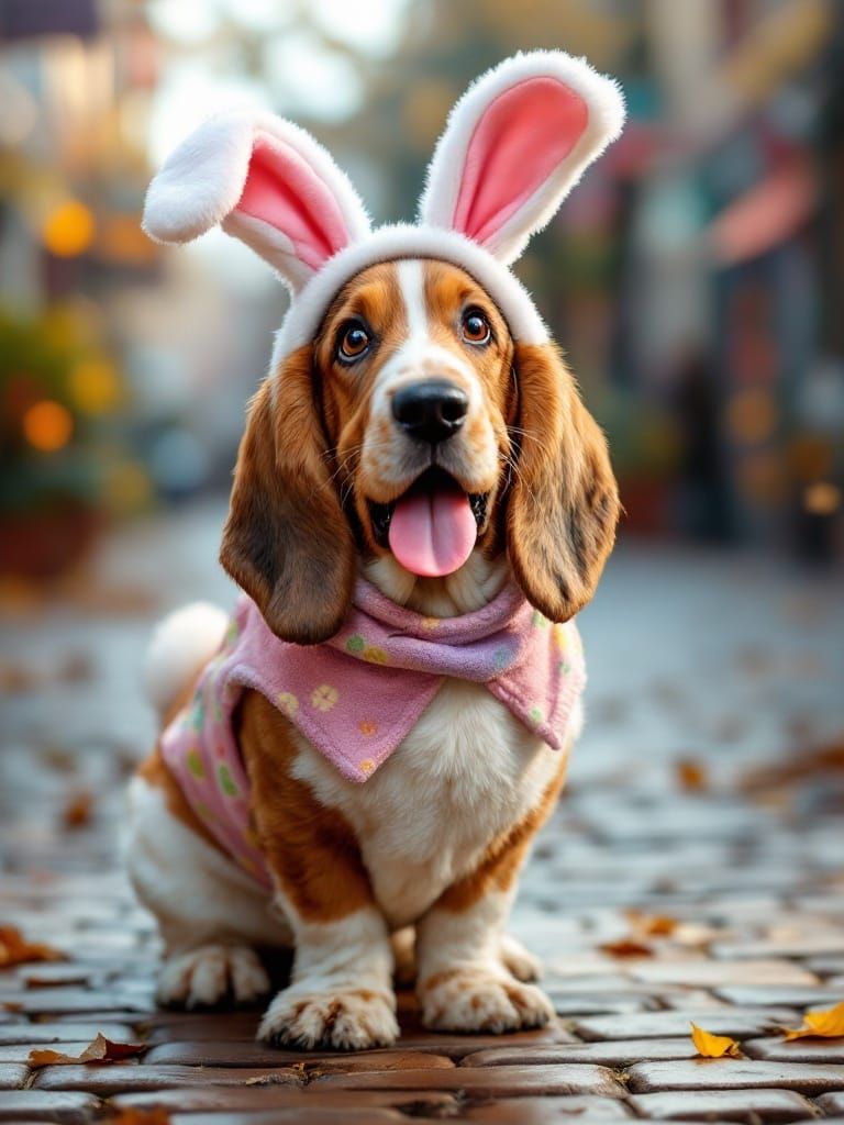 Cute Basset Hound in Easter Bunny Costume on Cobblestone