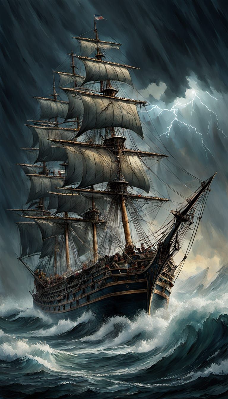 Pirate Galleon Battles Stormy Seas in Watercolor