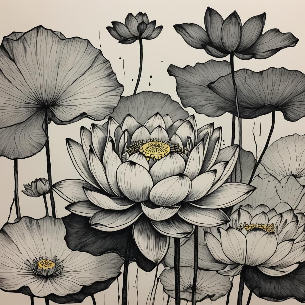 Elegant Lotus Flower in Ink Drawing