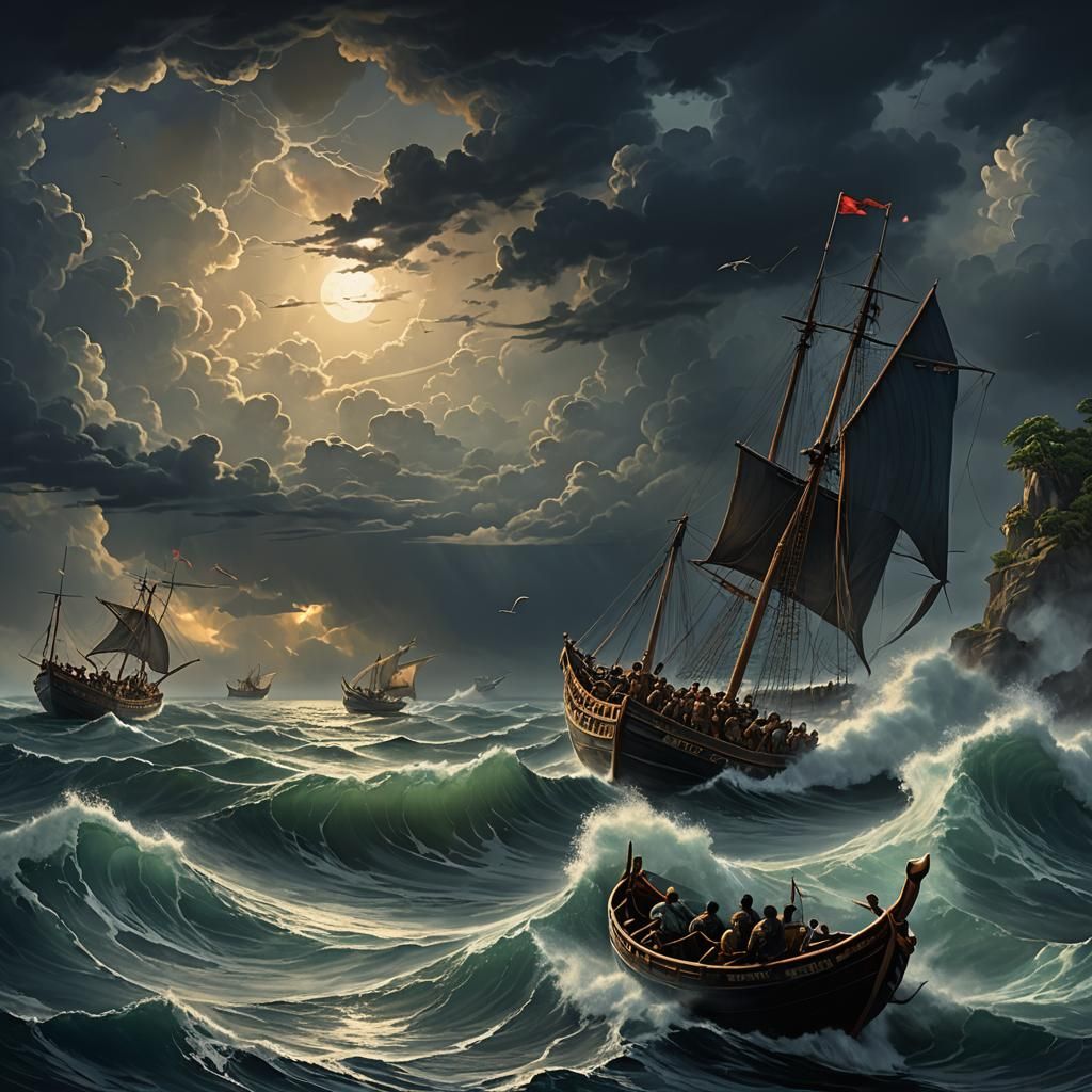 Menacing Storm Engulfs Ocean in Epic Fantasy Mural