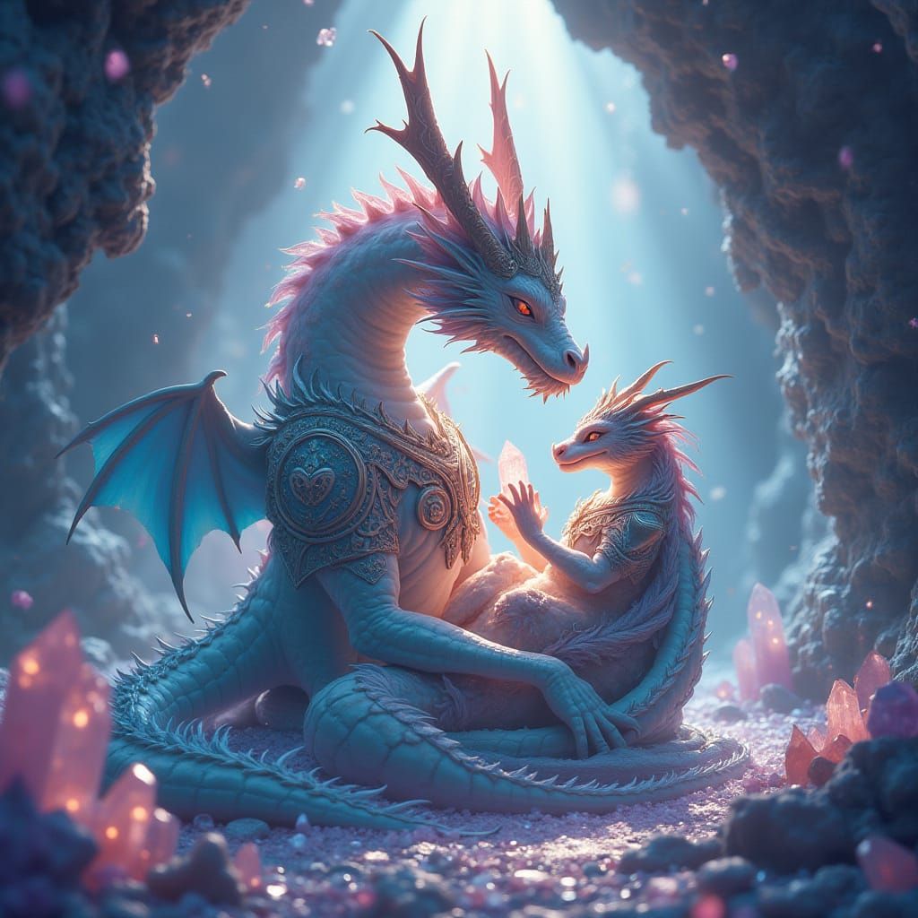 Dragon Queen Giving Birth in Crystalline Cave, 3D Anime Art