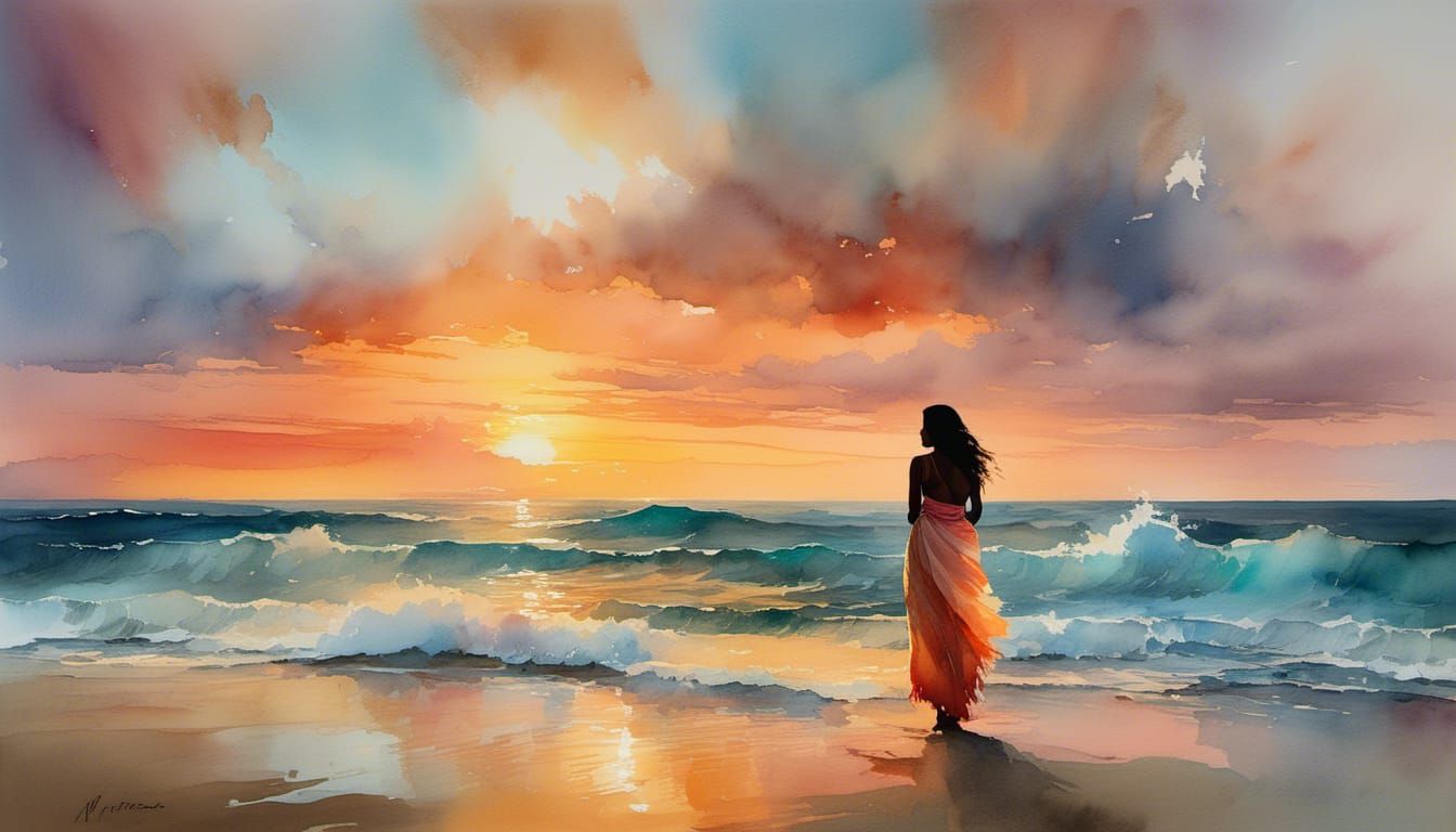 Indian Woman Watching Sunset in Watercolor Style