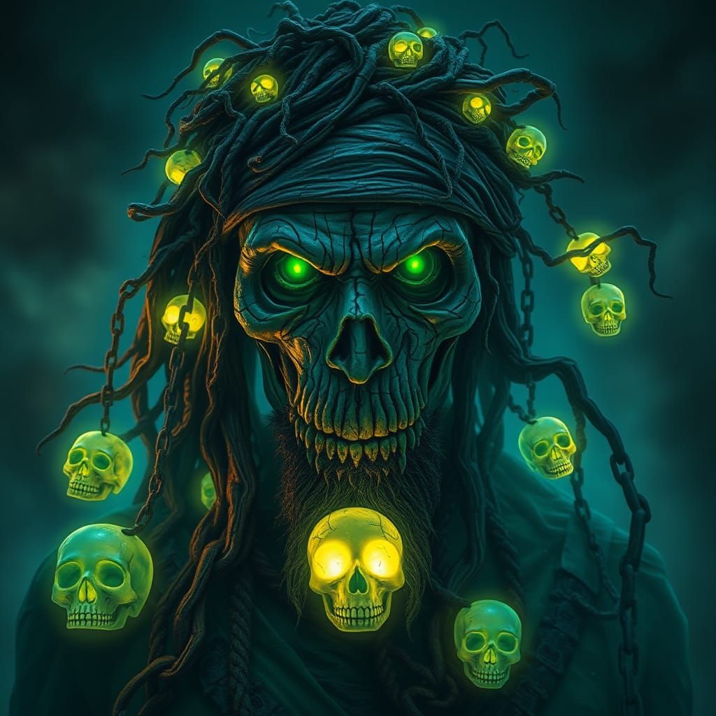 Design a cursed pirate with decayed, ghostly blue skin and glowing green eyes that shine through the darkness. The face ...