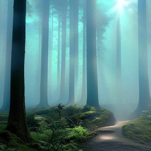 Holographic Forest Path with Volumetric Lighting