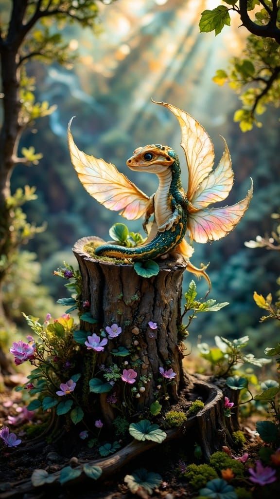 Enchanted Serpent in Whimsical Forest, Cyberpunk Fantasy Art