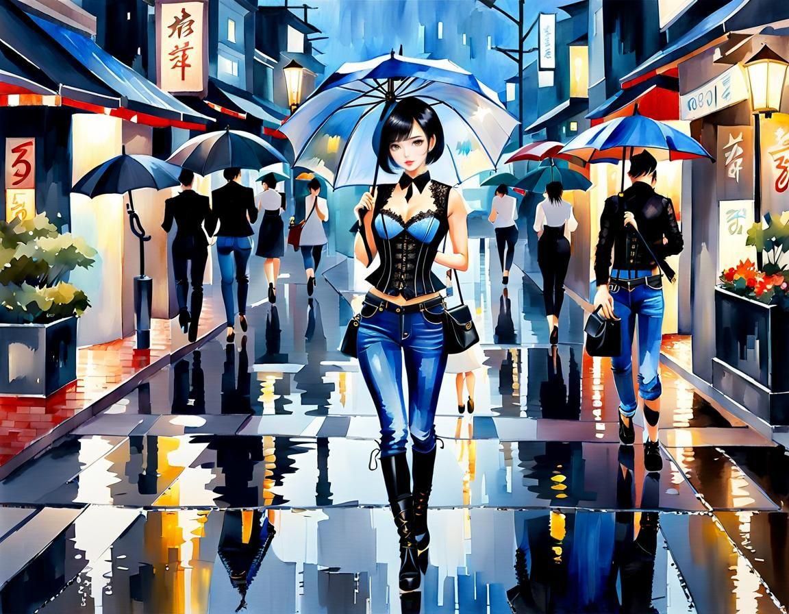 Thai Woman in Bangkok Rain: Watercolor Painting