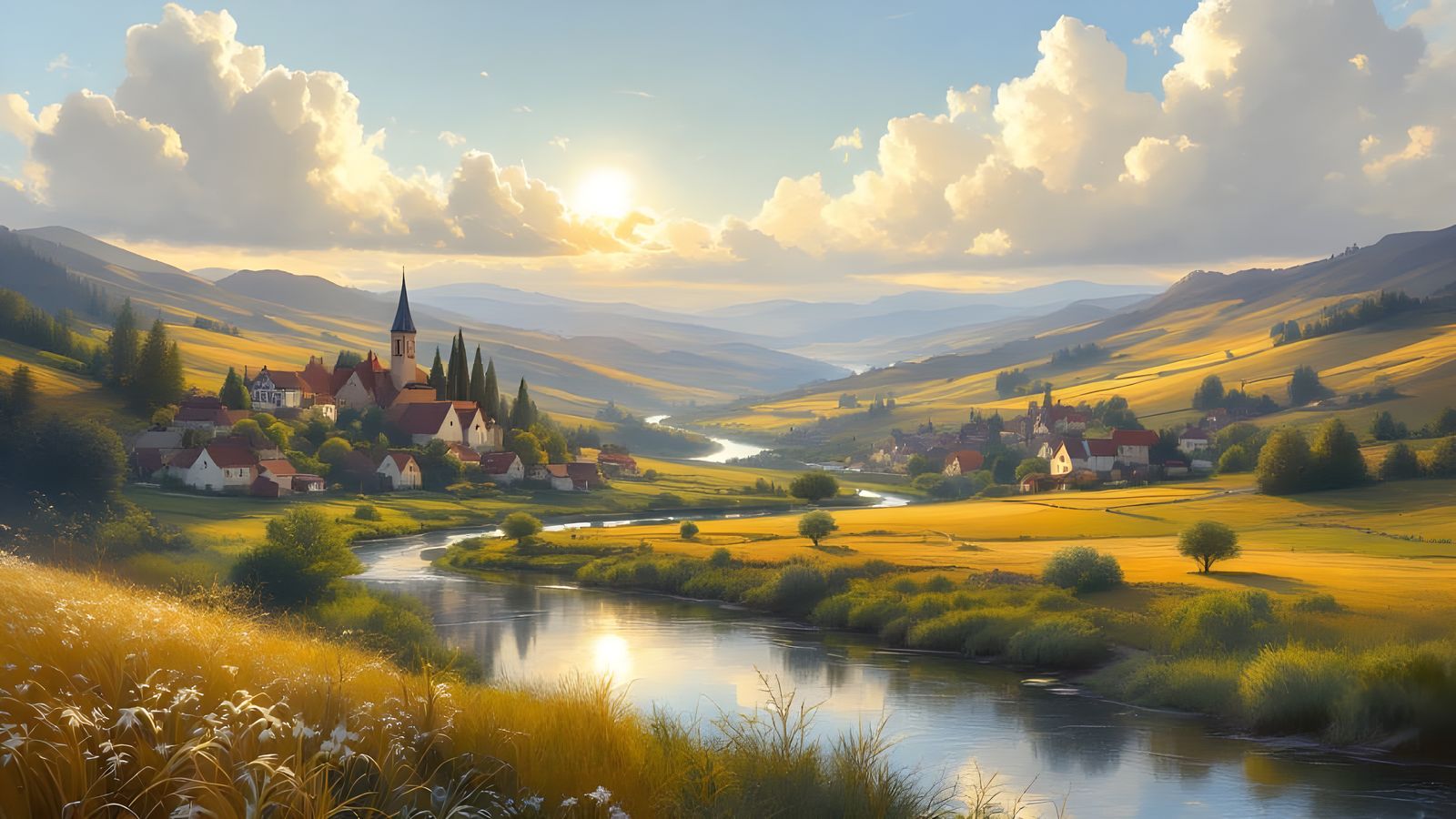 Vibrant Sunset Village Over a Serene River Valley