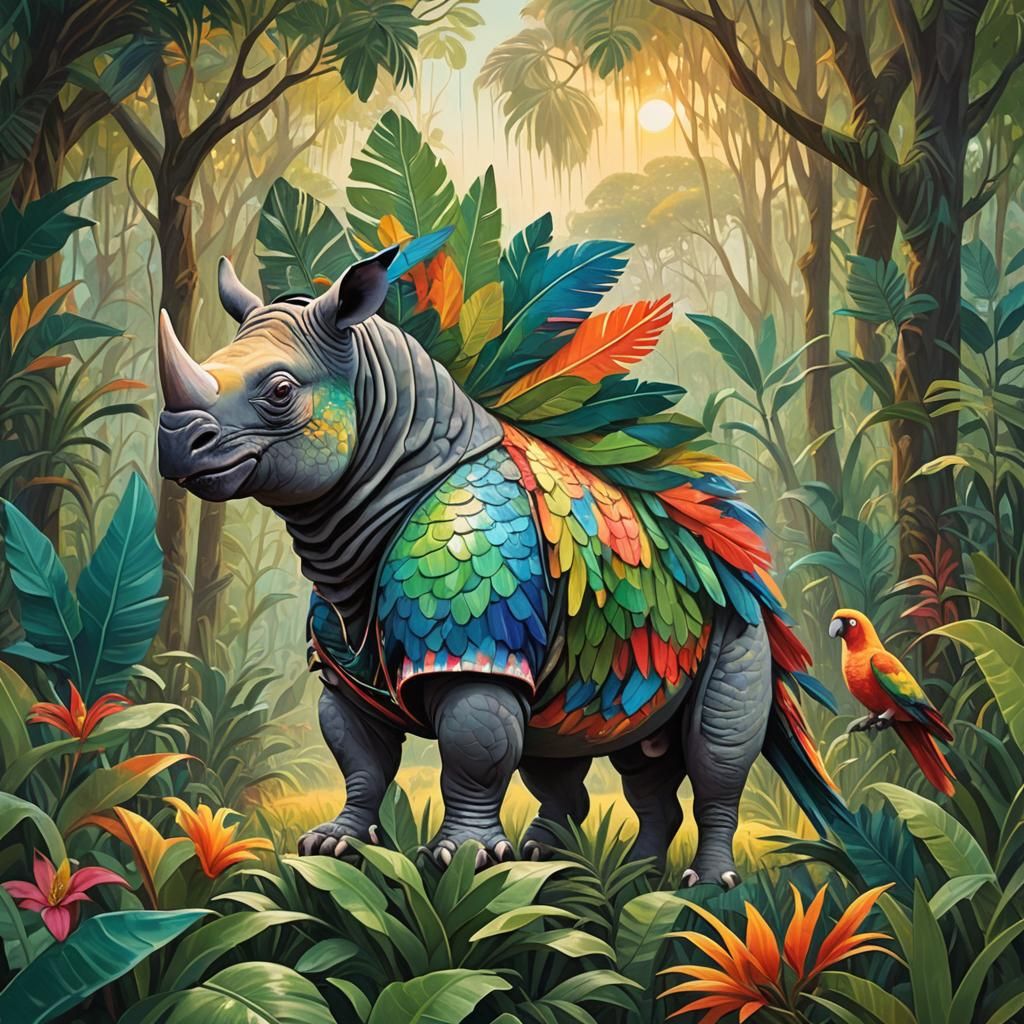 Rhinoceros Parrot in Fantasy Savannah Jungle