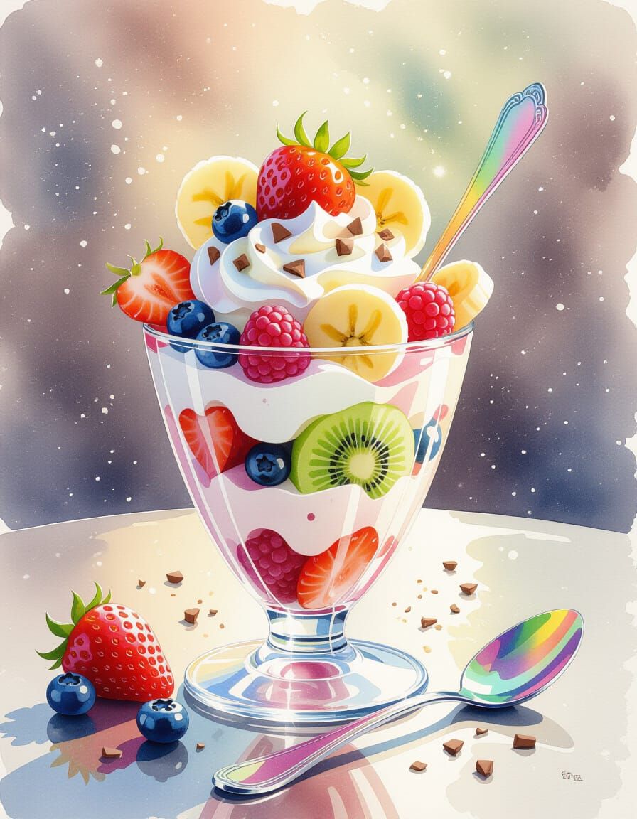 Watercolor Strawberry Kiwi Parfait with Berries