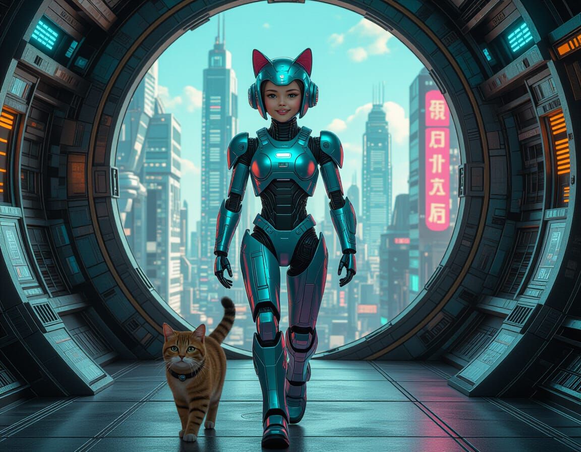 Cyborg Girl and Cat in Bioluminescent Bubble City