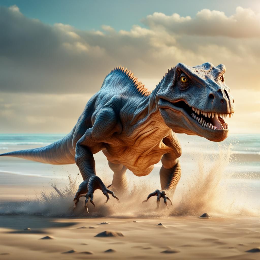 Dinosaur on a Sunny Beach in Hyperrealism