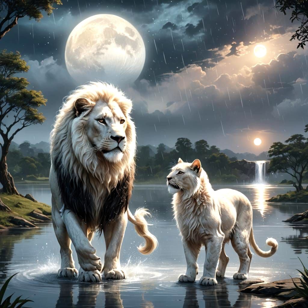 Lion and Cat Dancing in Rain: Fantasy Concept Art
