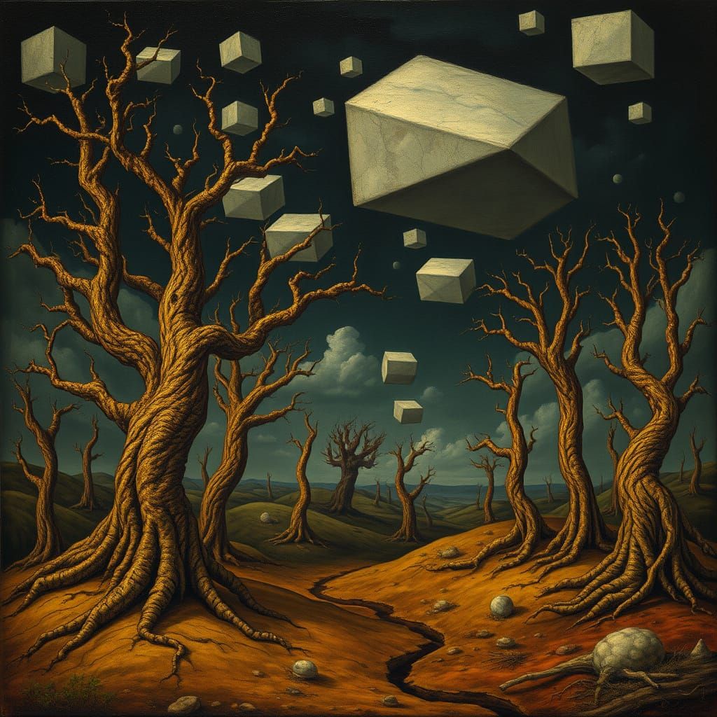 Surreal Landscape in Ominous, Cubist Style