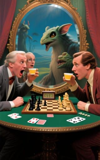 Actors Play Chess in Scenic Mirror Composition