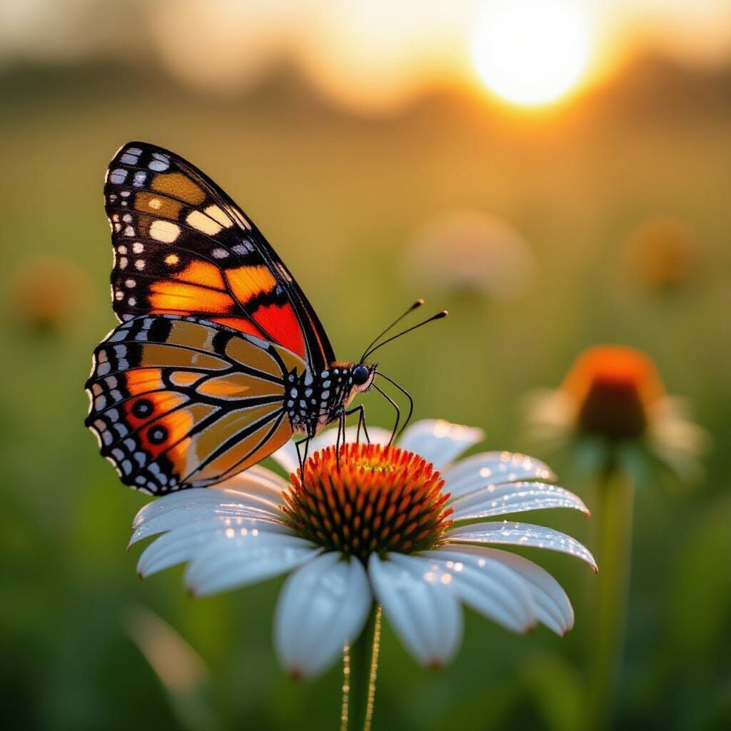 Macro Photo of Butterfly on Flower in Golden Hour Light