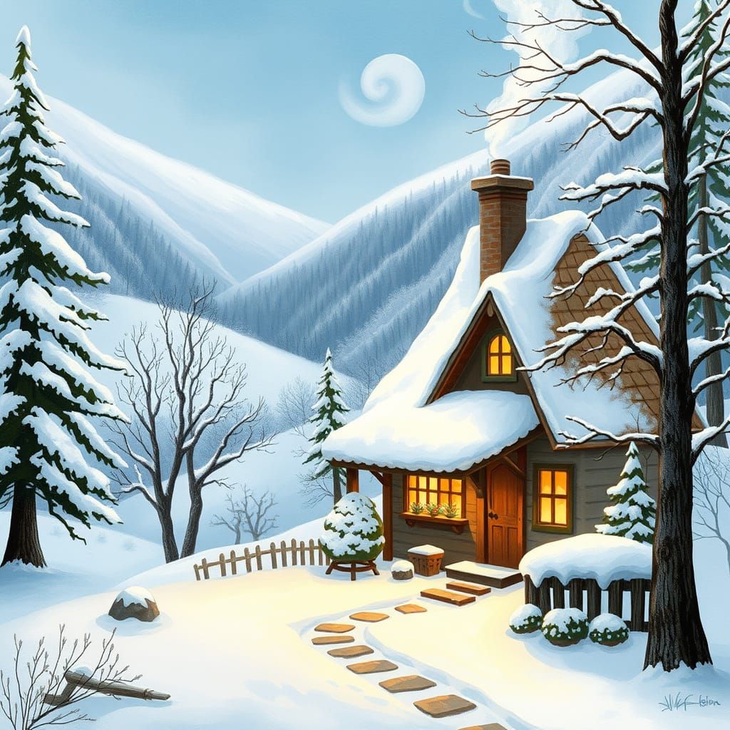 Cozy Winter Cottage in Snowy Valley Storybook Illustration
