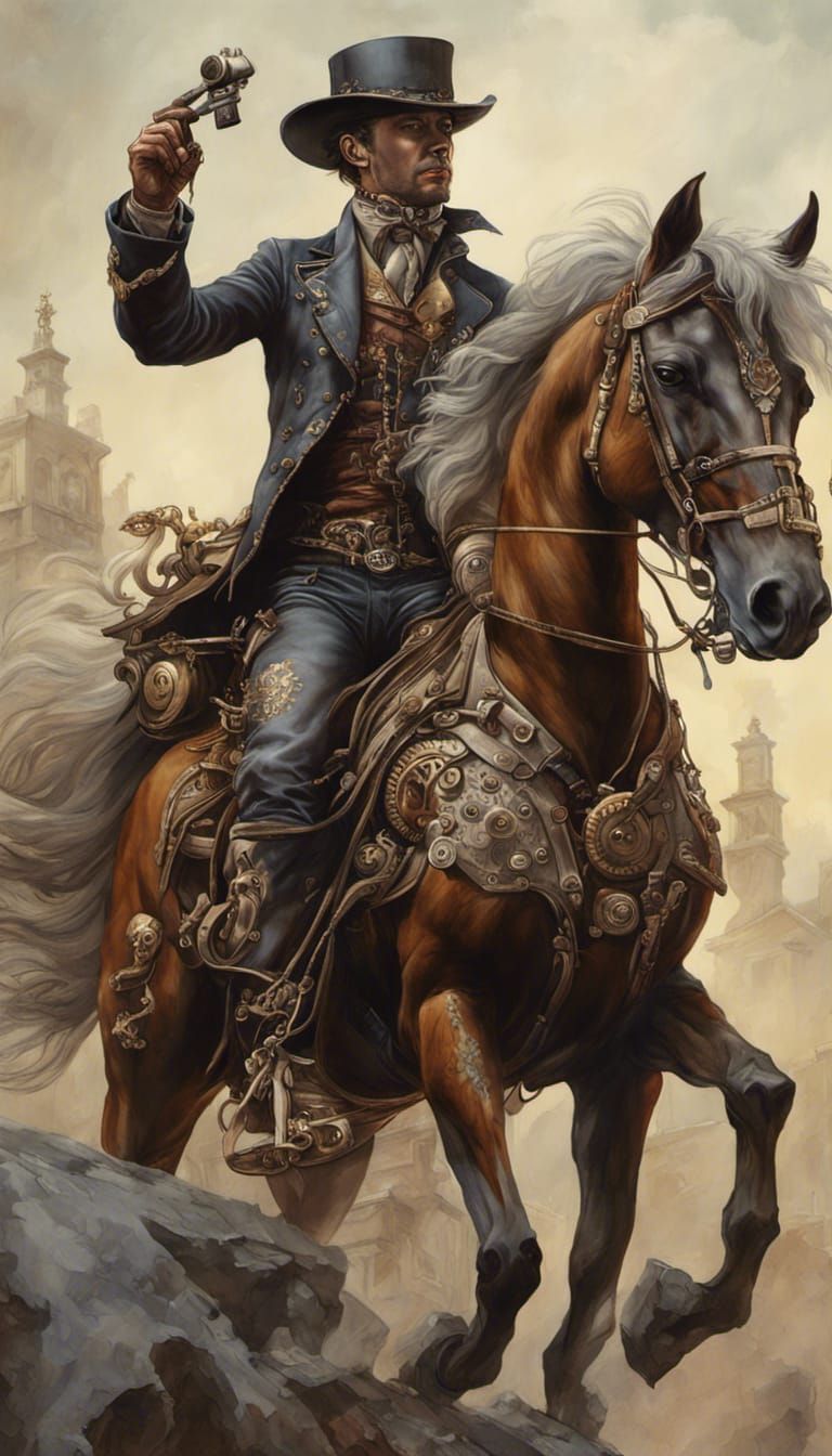 Steampunk Rococo Cowboy on Horse in Hyperrealism