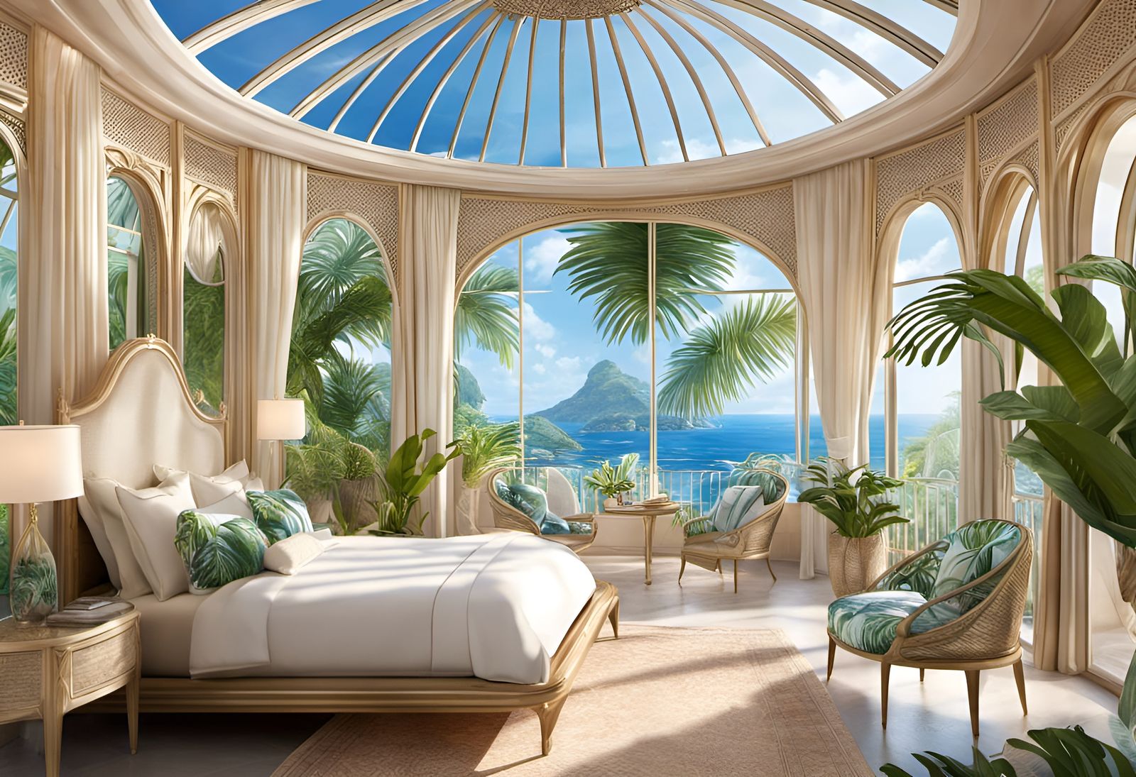 Tropical Solarium Bedroom with Balcony in Concept Art Style