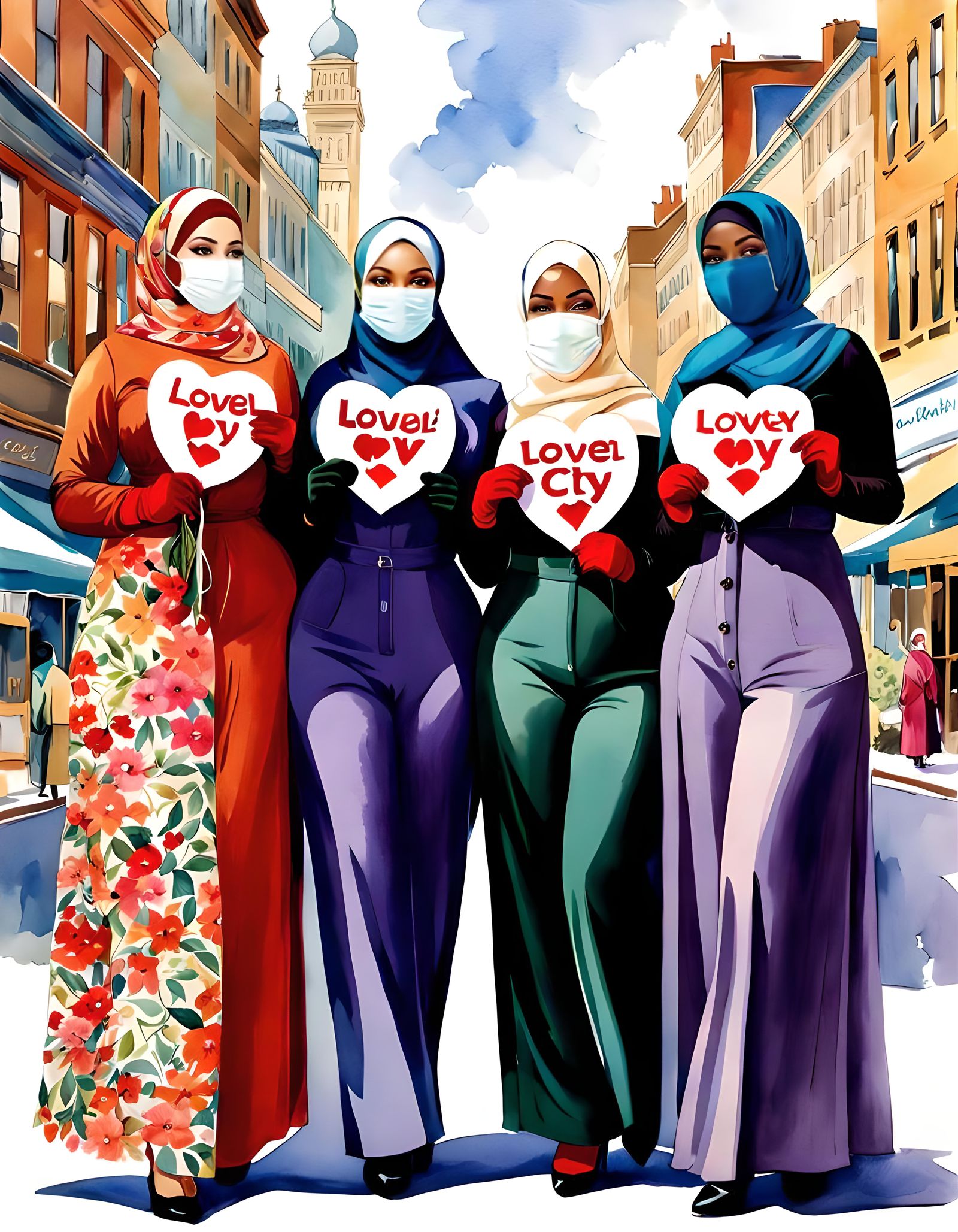 Watercolor Portrait: Modest Women in Hijabs