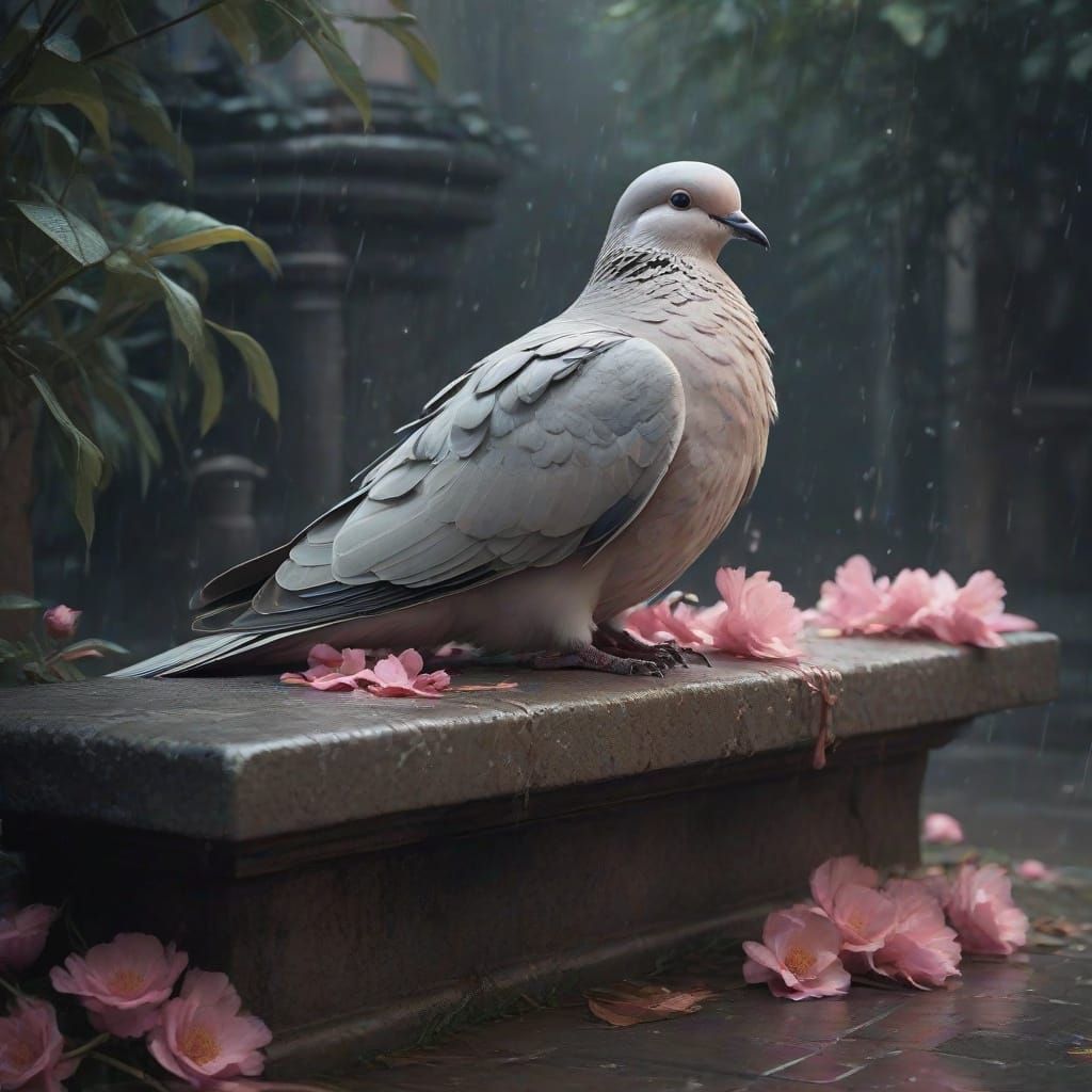 Mournful Dove Perched on Weathered Stone Bench