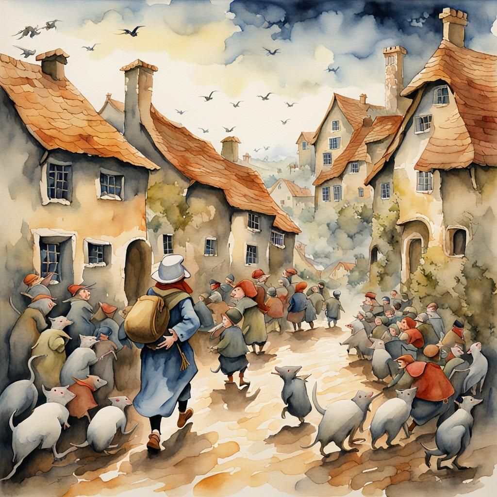 Pied Piper Leads Children, Watercolor Storybook Style