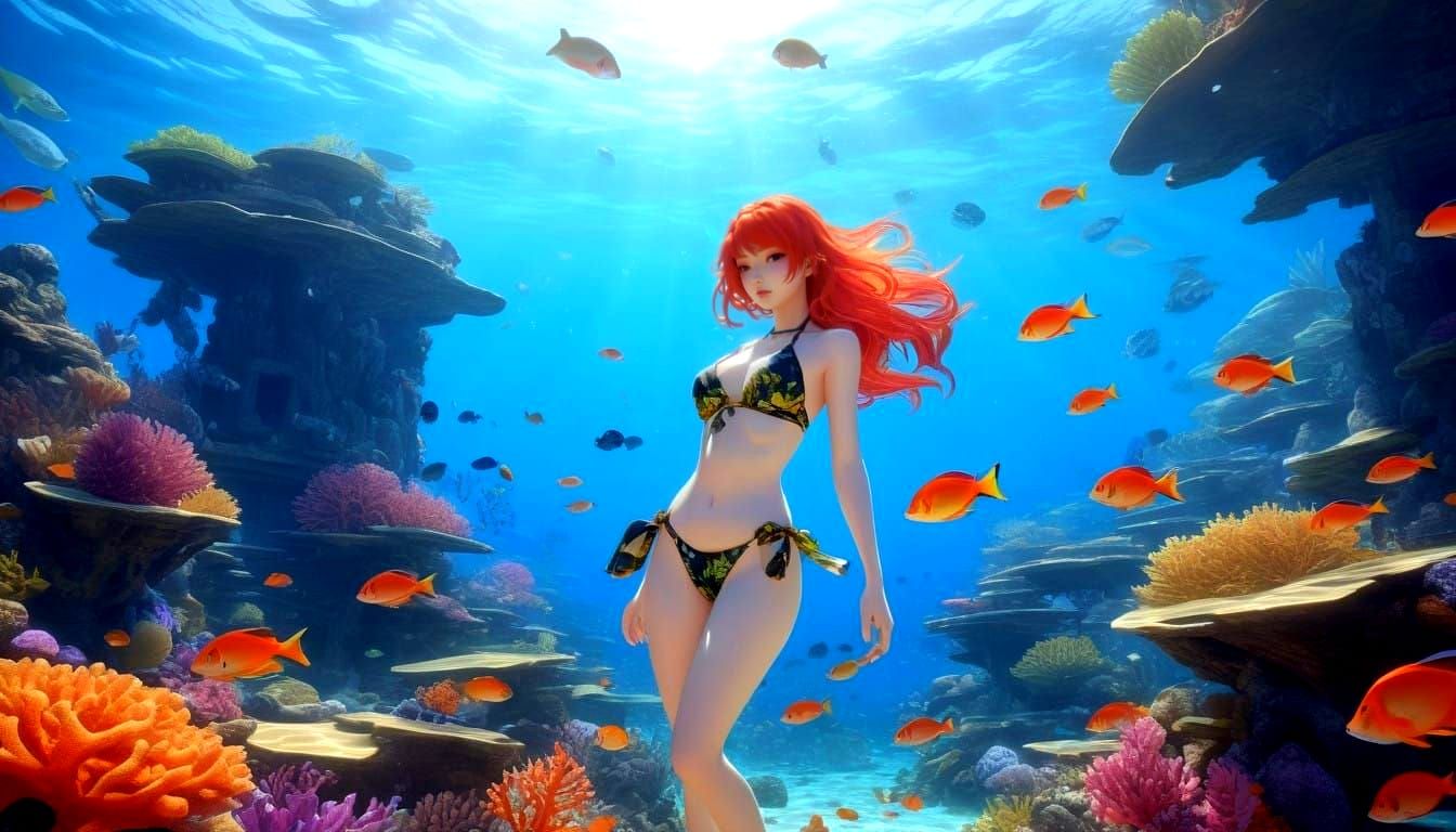 Bikini Clad Beauty Poses with Schools of Fish