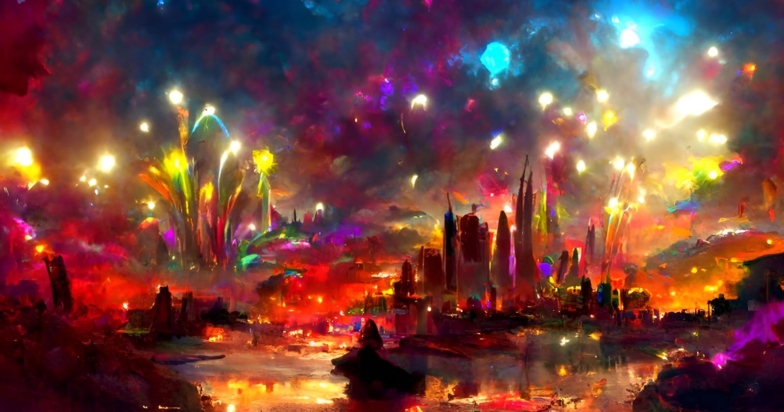 Spectacular Alien City with Fireworks, Fantasy Artwork