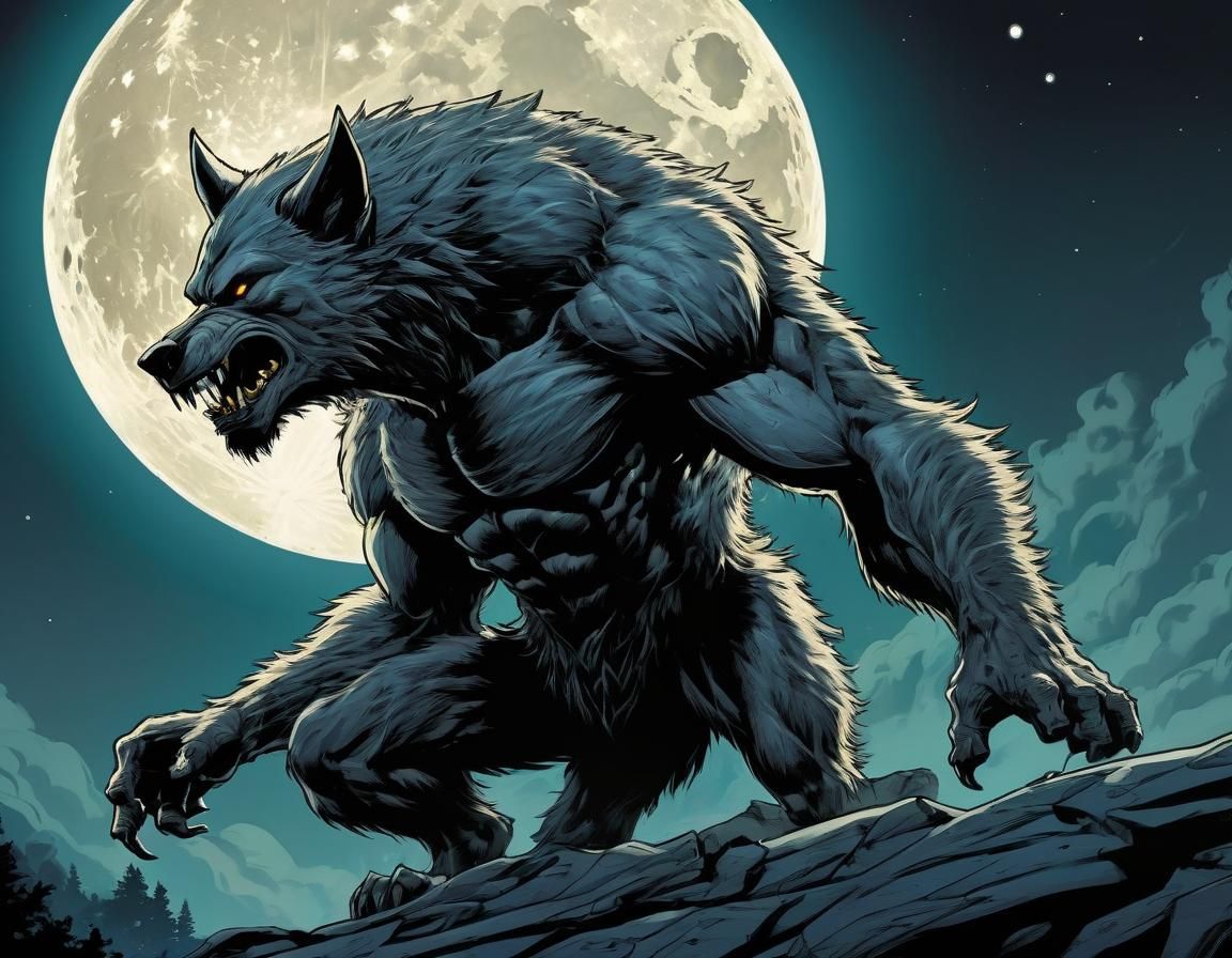 Werewolf Transformation Under Giant Moon: Comic Book Style