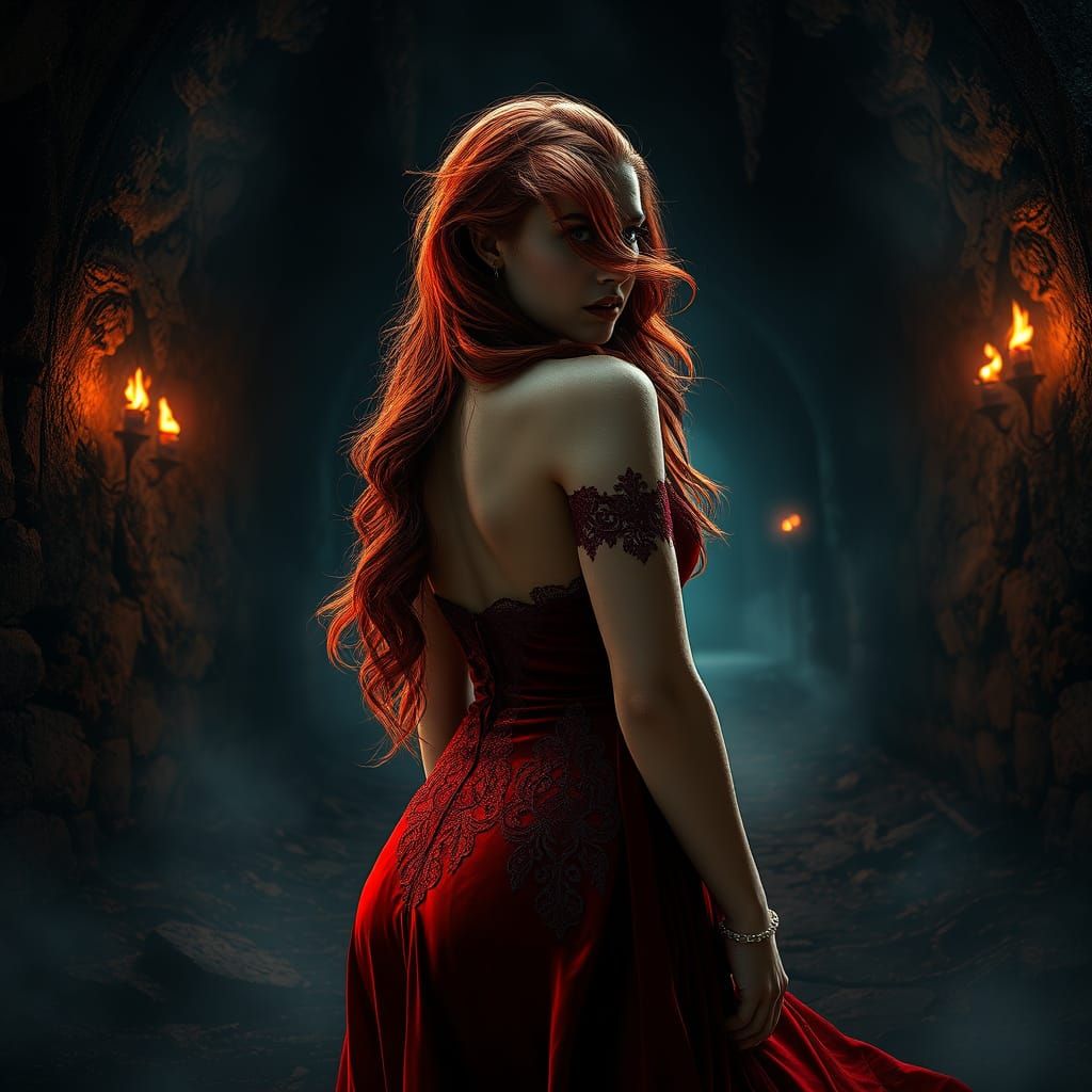 Gothic Goddess in Velvet Red, Surveying the Forgotten Crypt