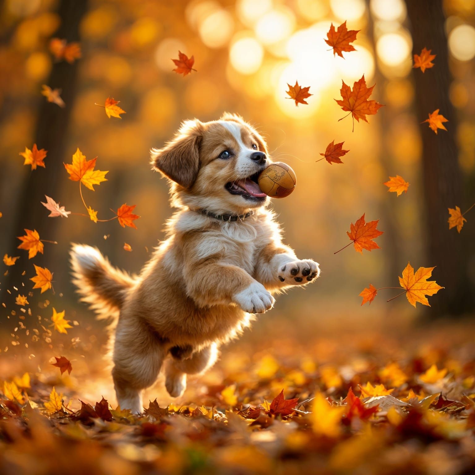 Joyful Puppy Mid-Jump Catching Ball Amidst Autumn Leaves