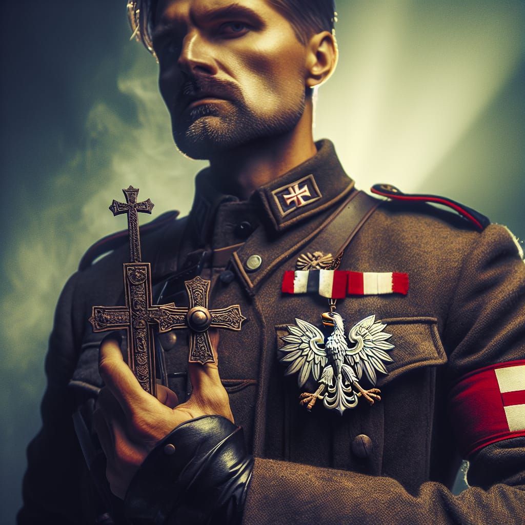 Polish Soldier with Eagle and Cross in Cinematic Style