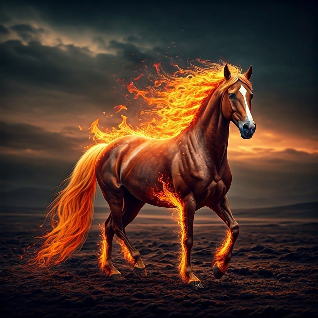 Fiery Horse in Ominous Landscape, Hyperrealistic Photography