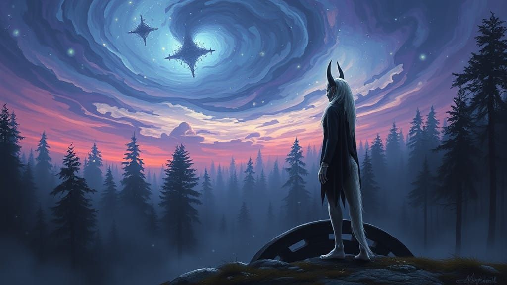 Surreal Twilight Forest Scene in Art Nouveau Style