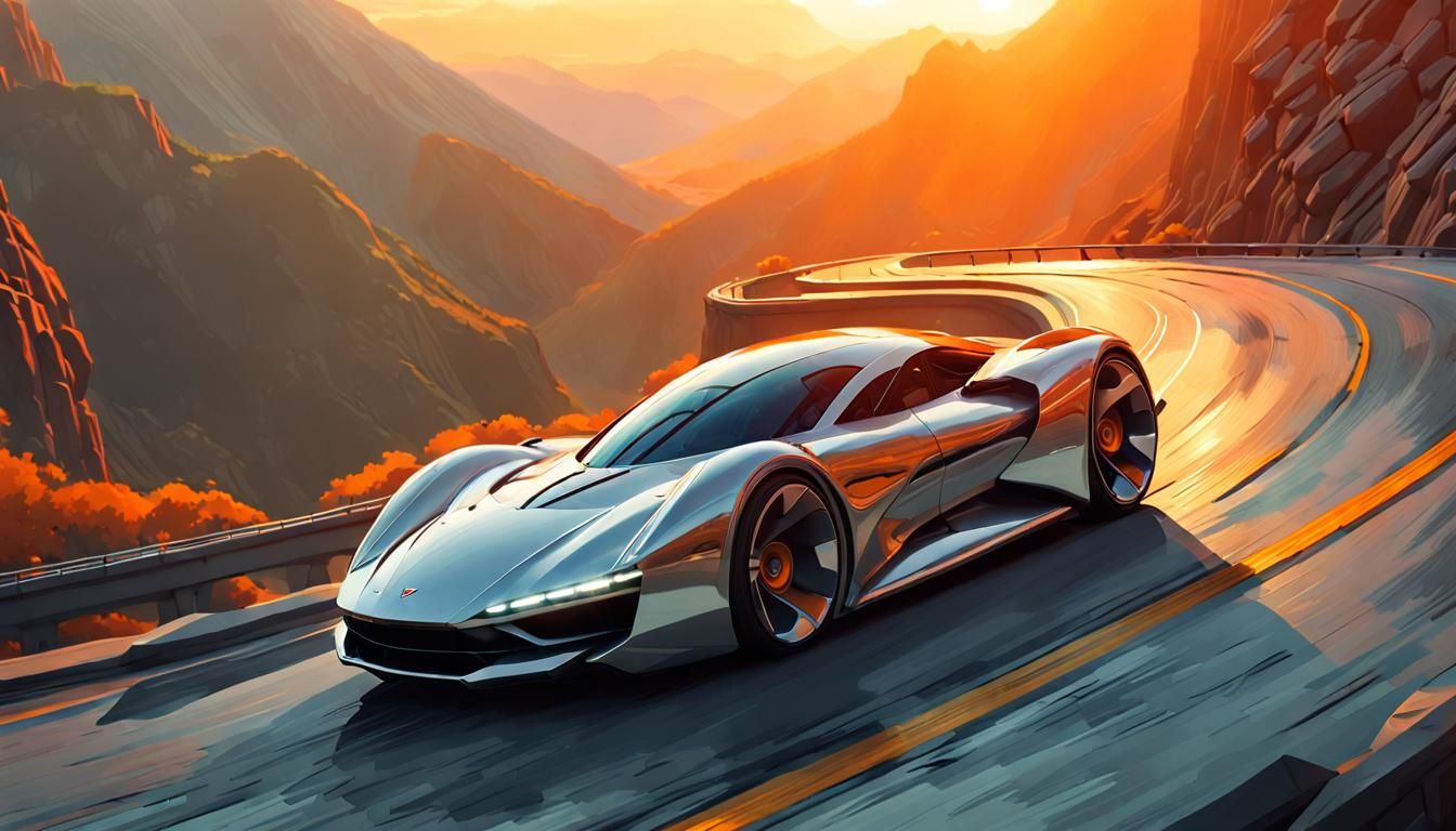 Silver Sports Car on Mountain Road in Futuristic Style