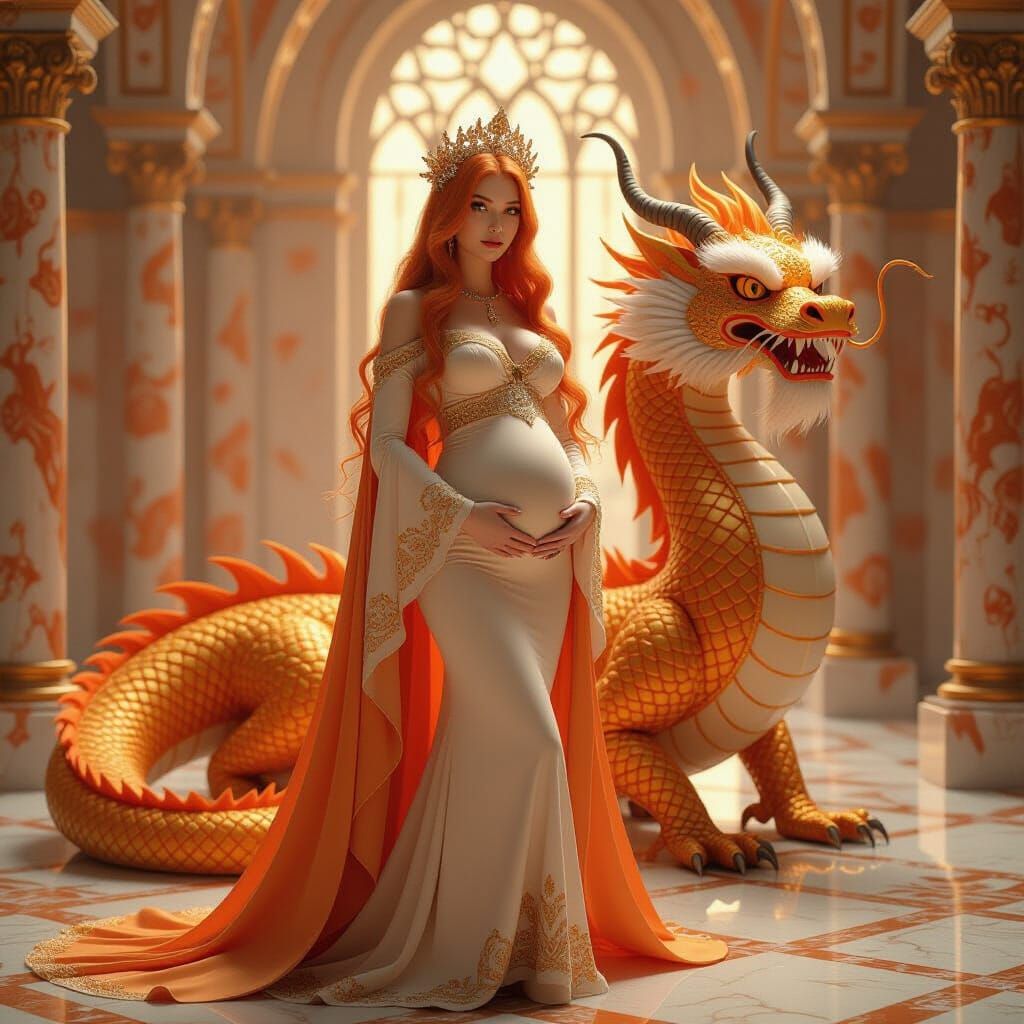 Gothic Woman in Orange & Gold with Dragon
