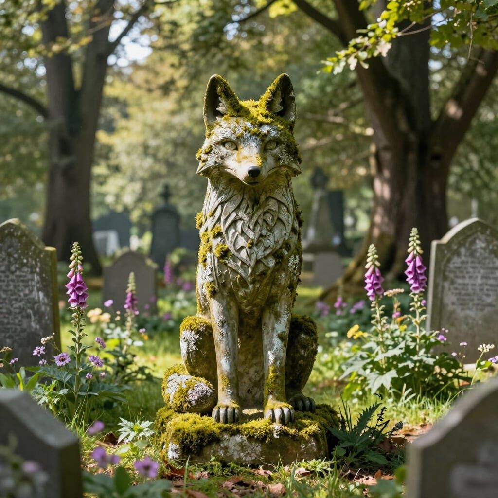 Enchanted Celtic Fox Statue in Sunlit Graveyard