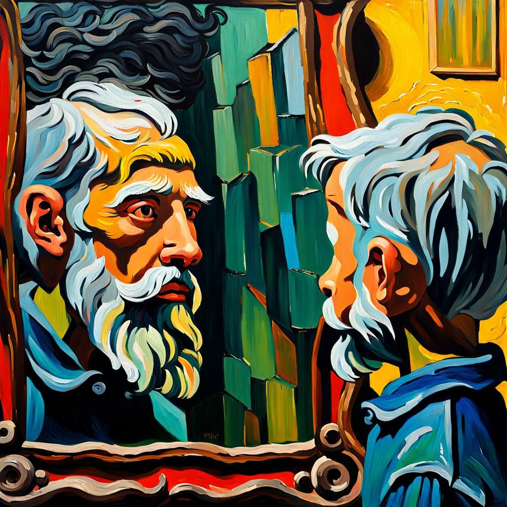 A young child  looks into a wall mirror, his reflection shows an old man with a gray beard and gray hair, dramatically.
...