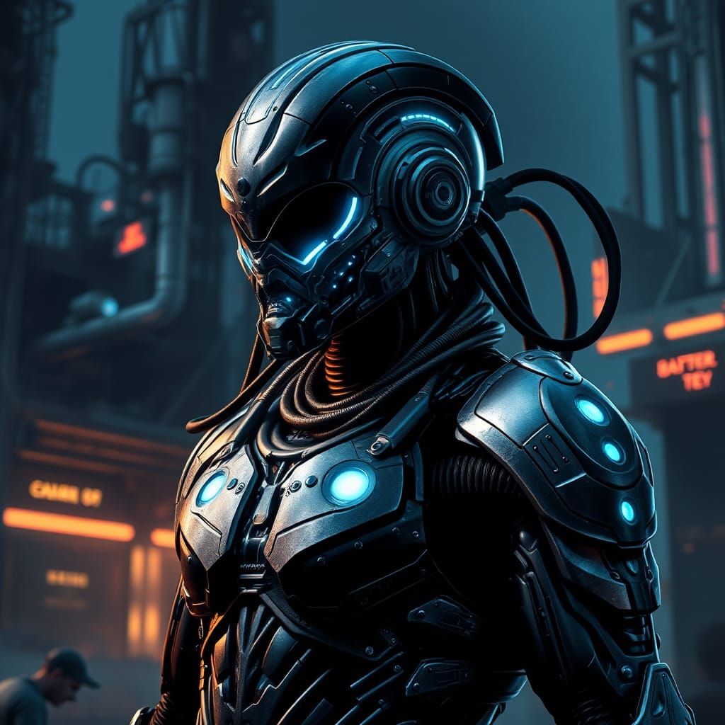 Biomechanical Warrior in Industrial Dystopia